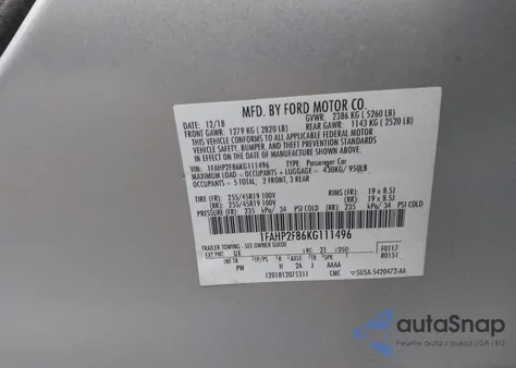 2019 Ford Taurus Limited z USA, uszkodzony, nr VIN 1FAHP2F86KG111496